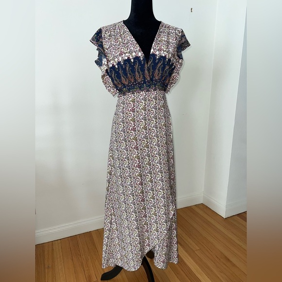 EUC MISA Los Angeles Carolina Floral Spring Flowy Cap Sleeve Maxi Wrap Dress SzM